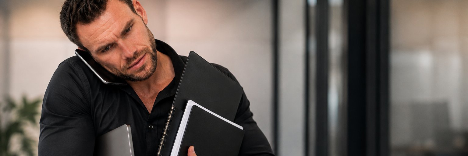 Oliver Holland-Cunz telefoniert mit Laptop und Unterlagen unter dem Arm